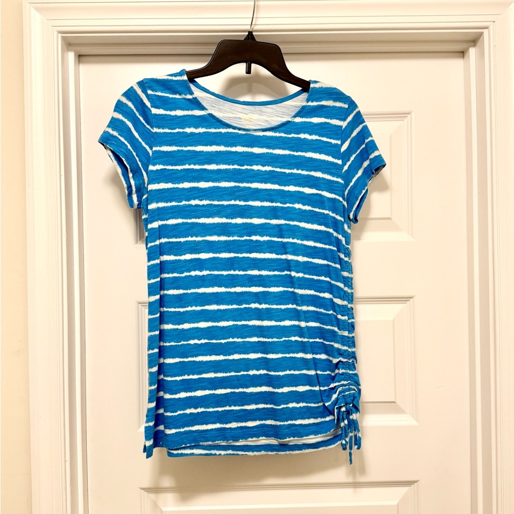 Striped Slub Knit Side Ruched Short Sleeve Top Size S